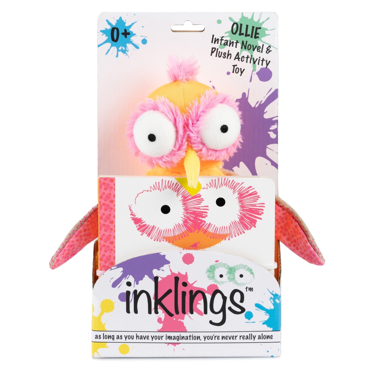 Ollie the Oddball Oddbird Inklings Baby plush stuffed toy – orange yellow pink sensory toy with belly rattle and burlap wings for babies in box