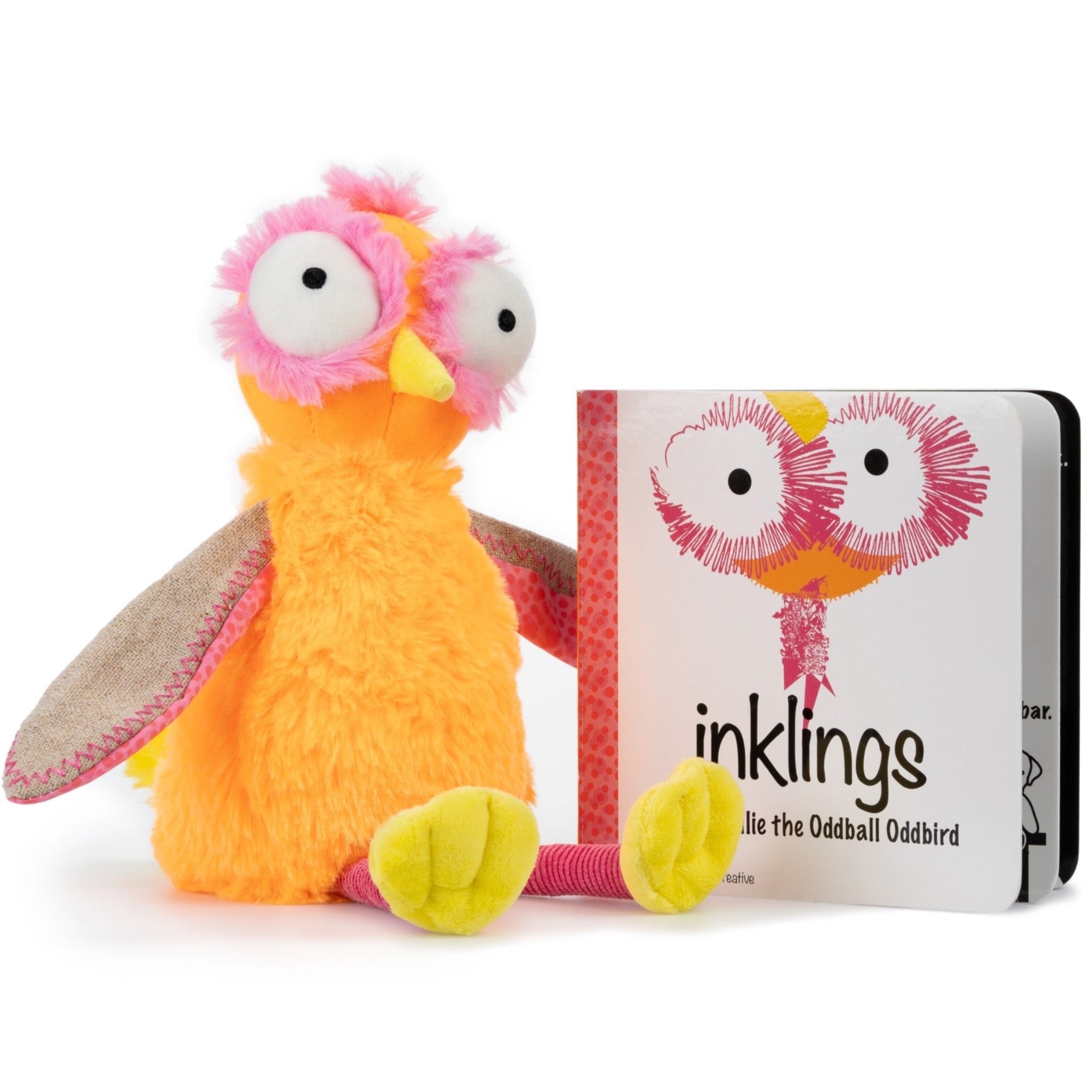 Ollie the Oddball Oddbird Inklings Baby plush stuffed toy – orange yellow pink sensory toy with belly rattle and burlap wings for babies 0- 3 years old