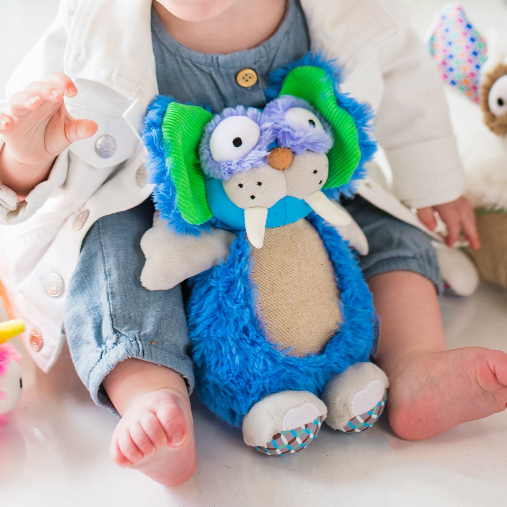 Gus the Toothy Tusked Rus Inklings Baby plush toy – neon blue green purple sensory stuffed animal with crinkle ears for newborns- baby feet and plush toy