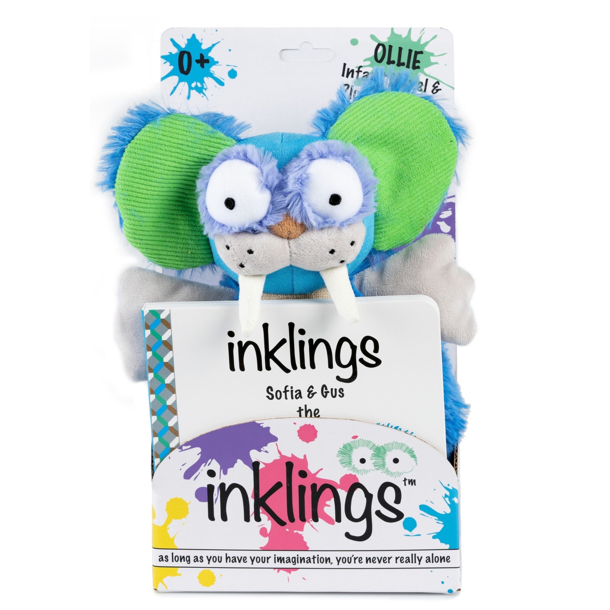 Gus the Toothy Tusked Rus Inklings Baby plush toy – neon blue green purple sensory stuffed animal with crinkle ears for newborns- in box