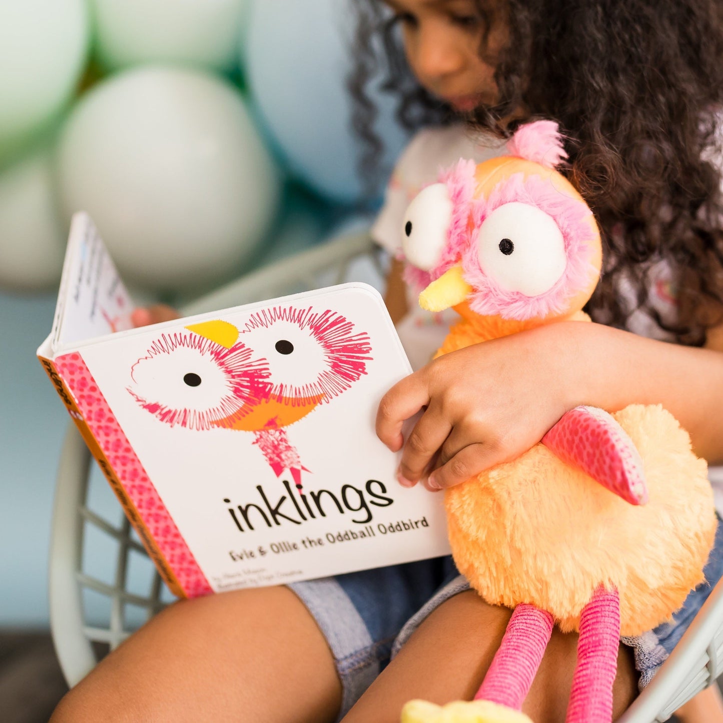 Ollie the Oddball Oddbird Inklings Baby plush stuffed toy – orange yellow pink sensory toy with belly rattle and burlap wings for babies toddler reading 