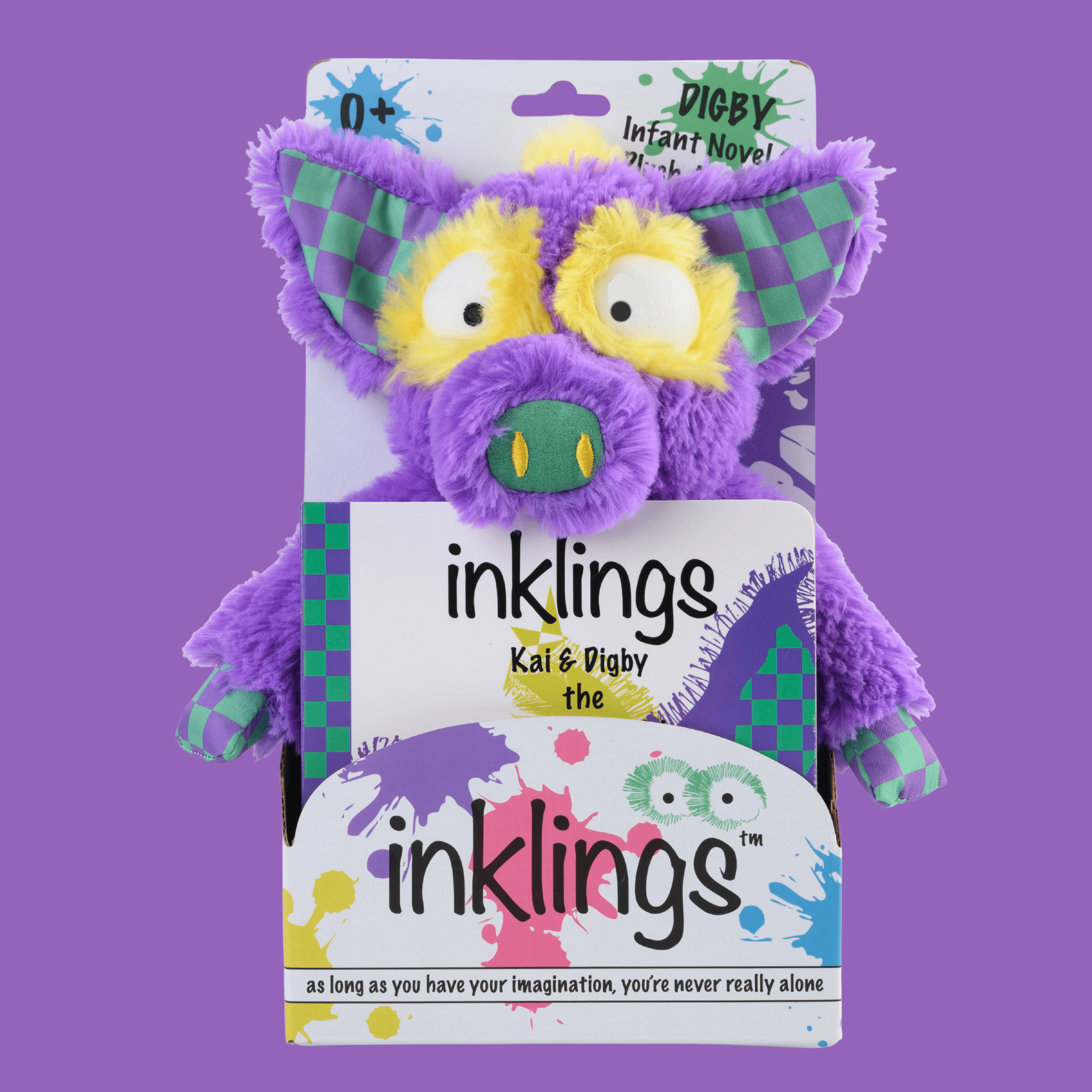 Digby the Yippy Eyed Yak Inklings Baby plush toy – purple yellow green sensory stuffed animal for babies 0-3 years - in box