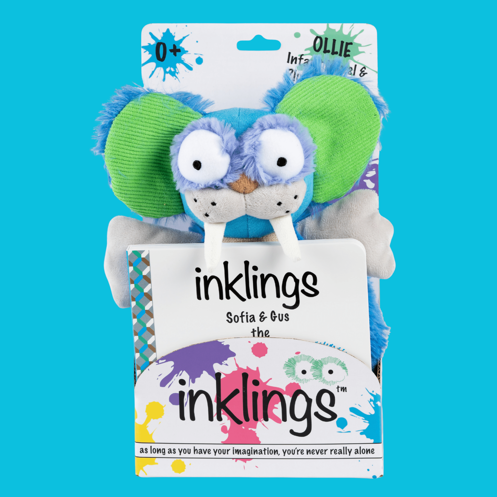 Gus the Toothy Tusked Rus Inklings Baby plush toy – neon blue green purple sensory stuffed animal with crinkle ears for newborns- in packaging