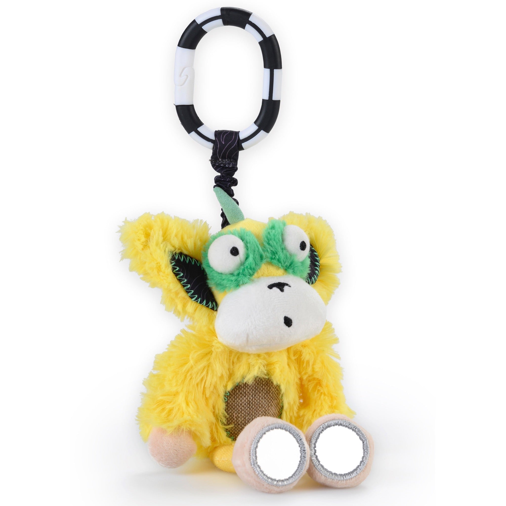 Marley the Monkey Chime & See hanging activity toy – jingle belly rattle and mirror feet stroller clip toy for babies- mirror feet