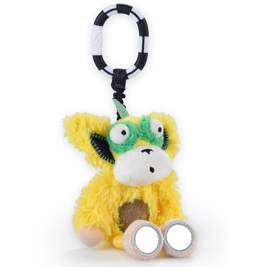 Marley the Monkey Chime & See hanging activity toy – jingle belly rattle and mirror feet stroller clip toy for babies- mirror feet