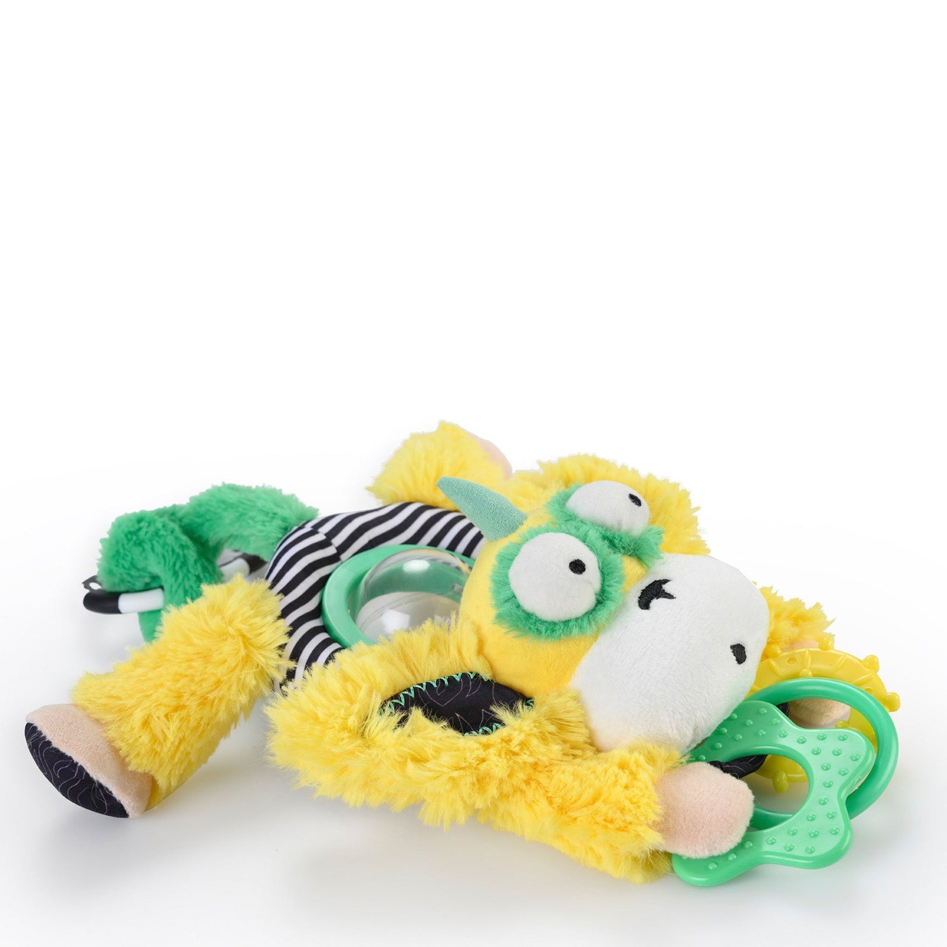 Marley the Monkey Spin Belly hanging activity toy – spinning rattling beads stroller clip sensory toy ages 0-12 months - laying flat