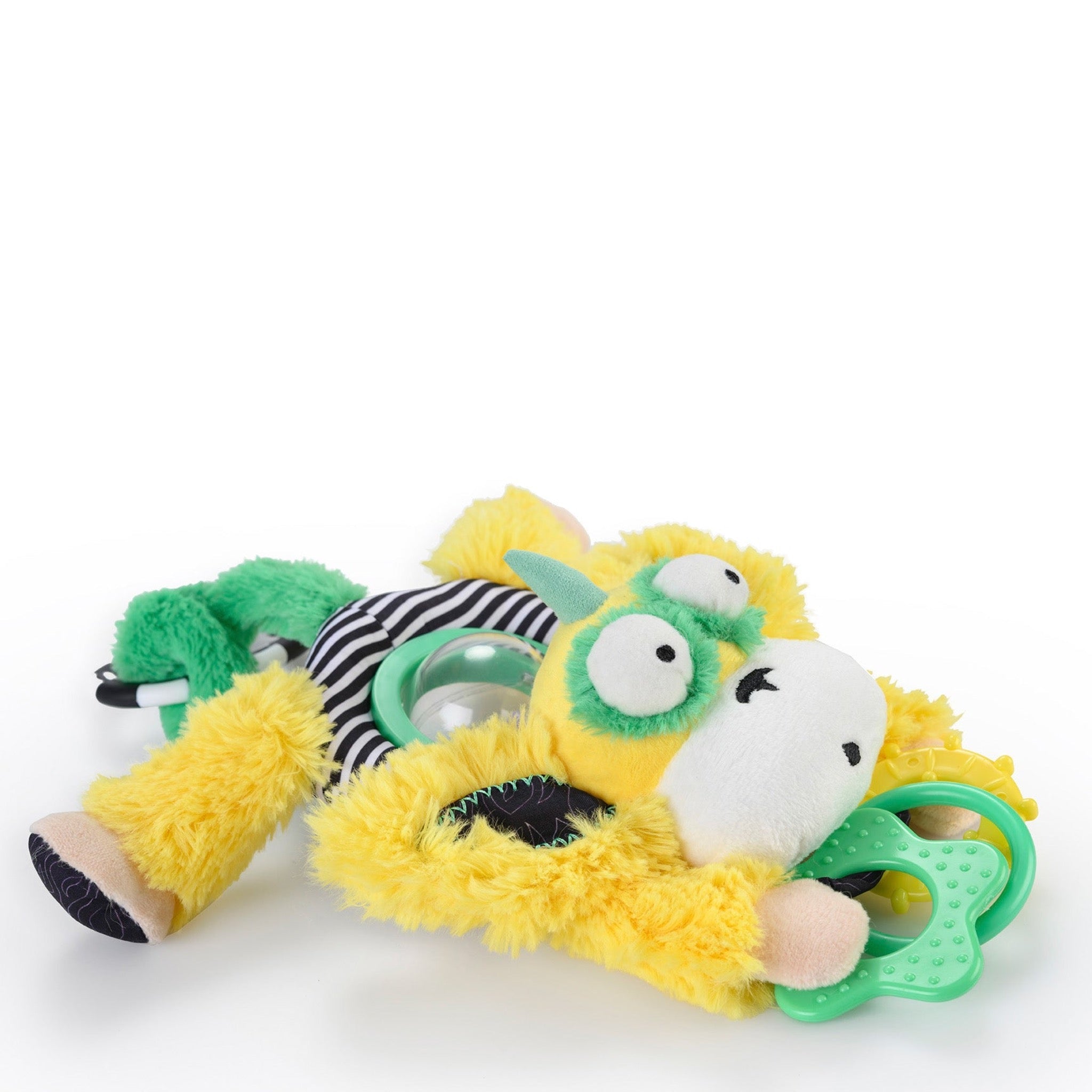Marley the Monkey Spin Belly hanging activity toy – spinning rattling beads stroller clip sensory toy ages 0-12 months - laying flat