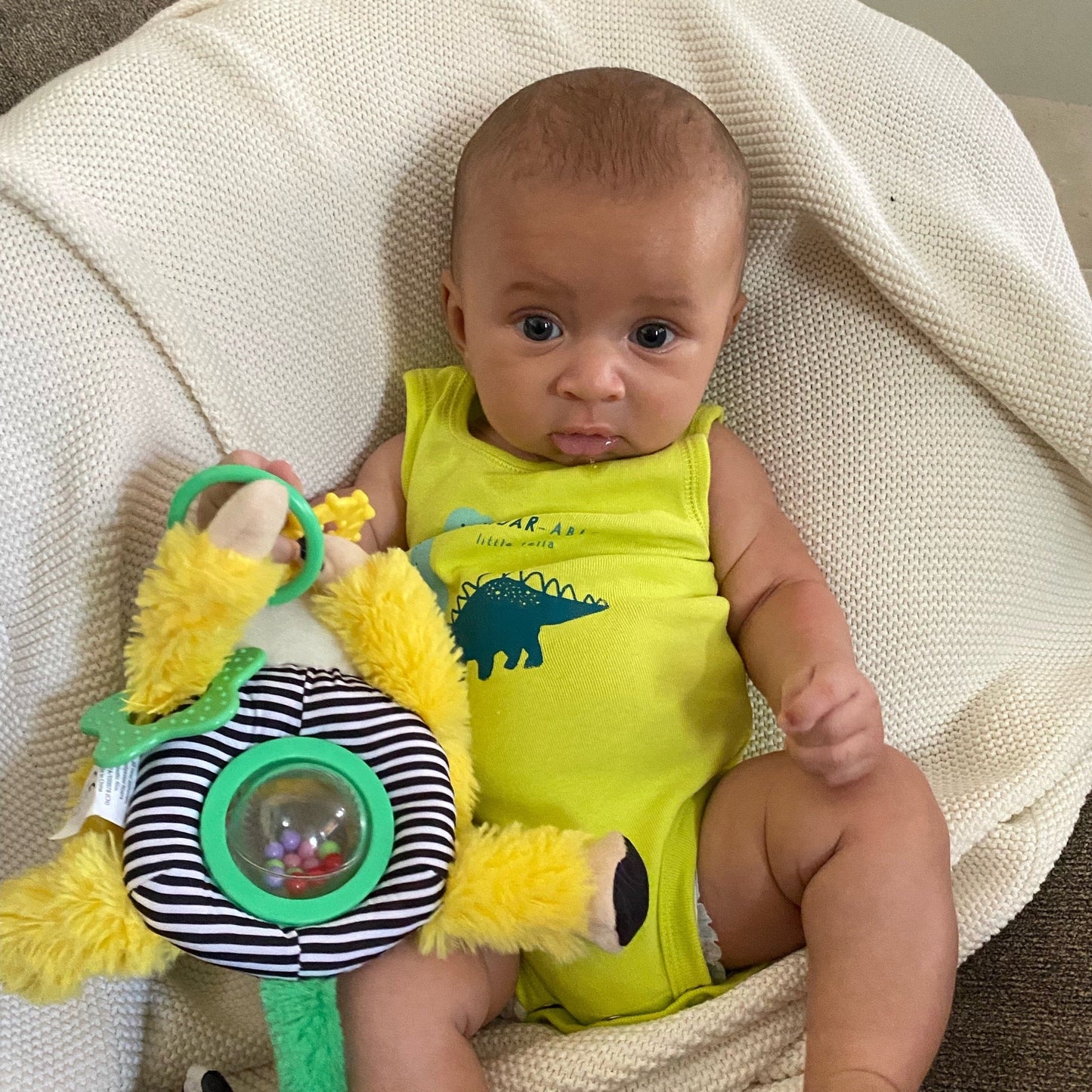 Marley the Monkey Spin Belly hanging activity toy – spinning rattling beads stroller clip sensory toy ages 0-12 months yellow playtime