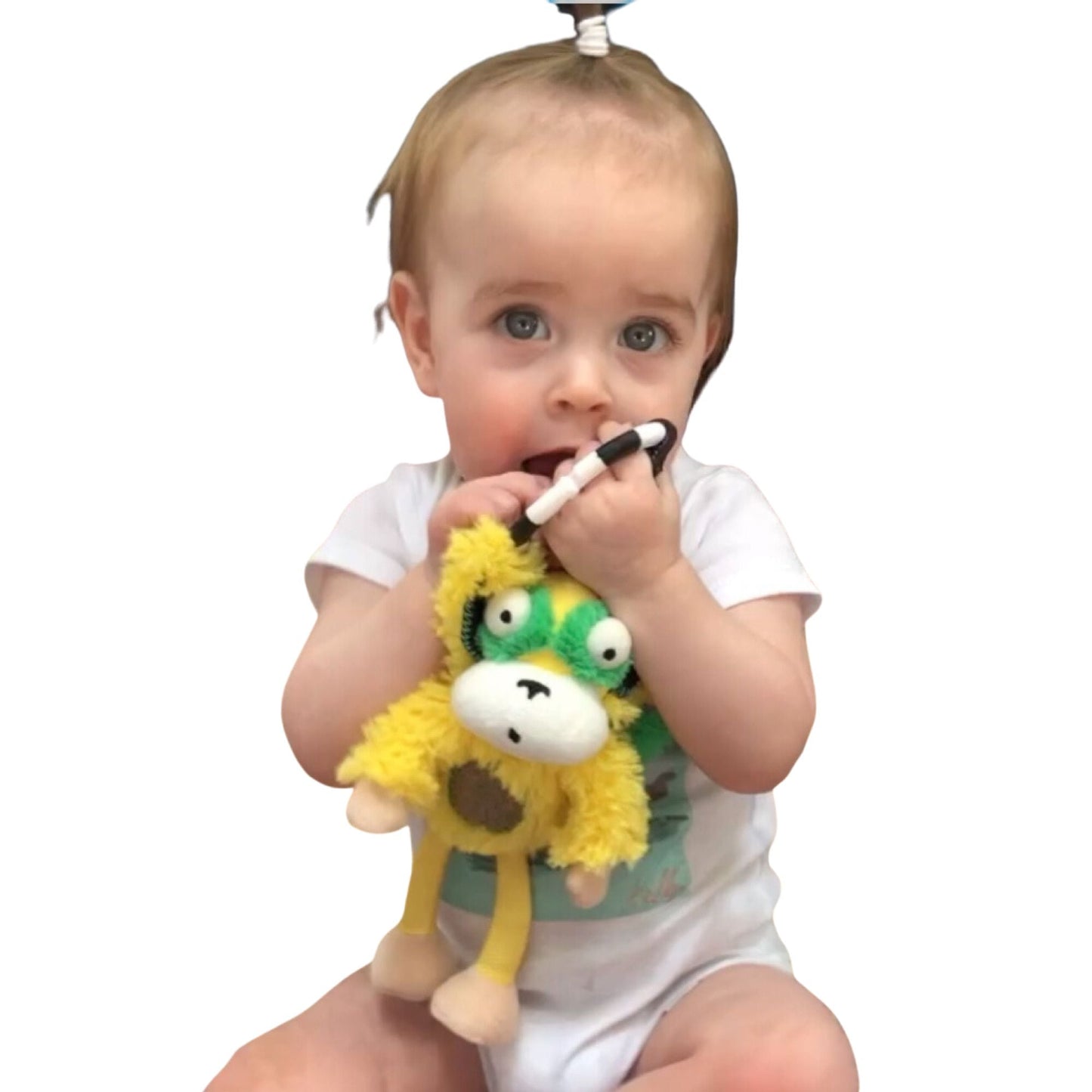 Marley the Monkey Chime & See hanging activity toy – jingle belly rattle and mirror feet stroller clip toy for babies - graphic clip