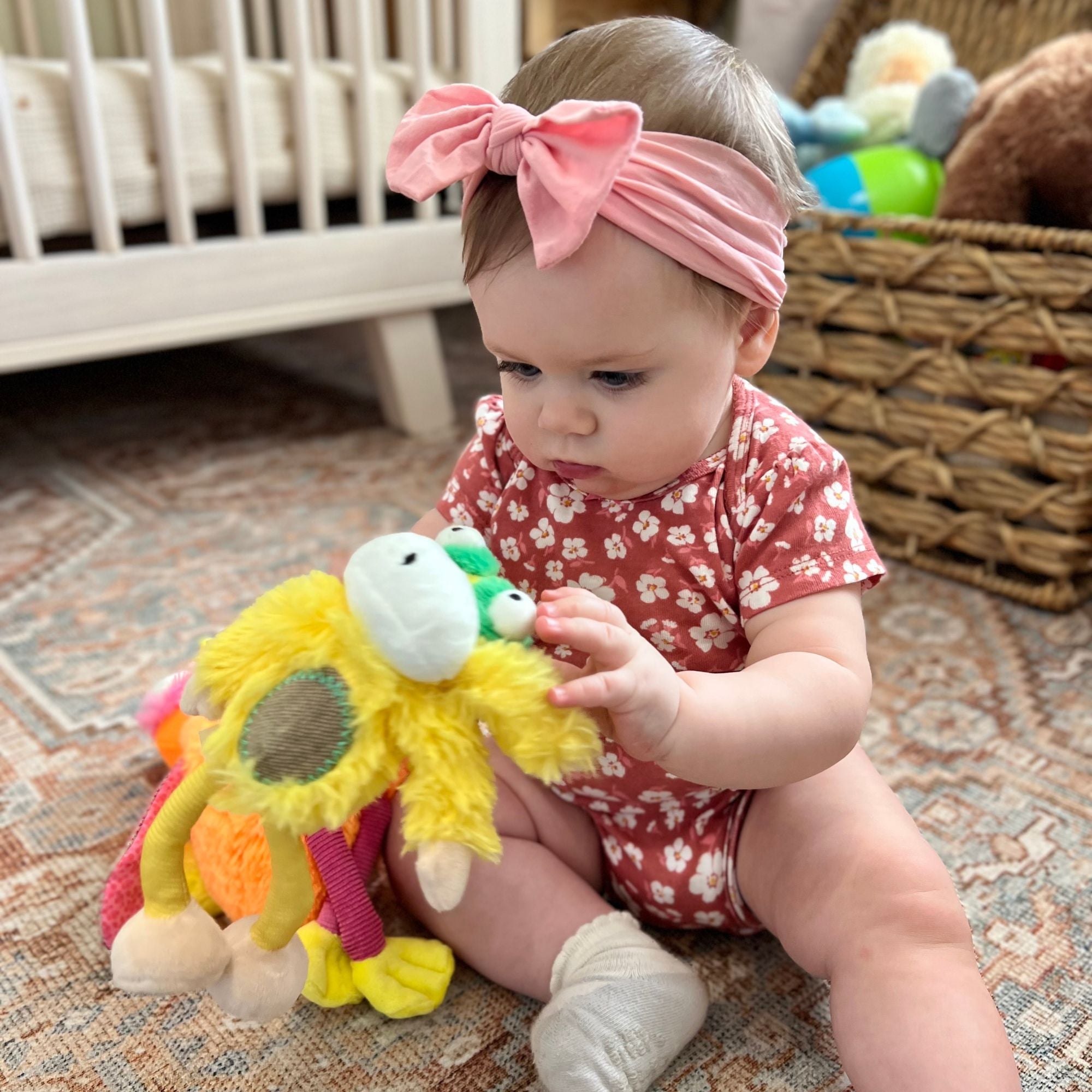 Marley the Monkey Chime & See hanging activity toy – jingle belly rattle and mirror feet stroller clip toy for babies - playtime
