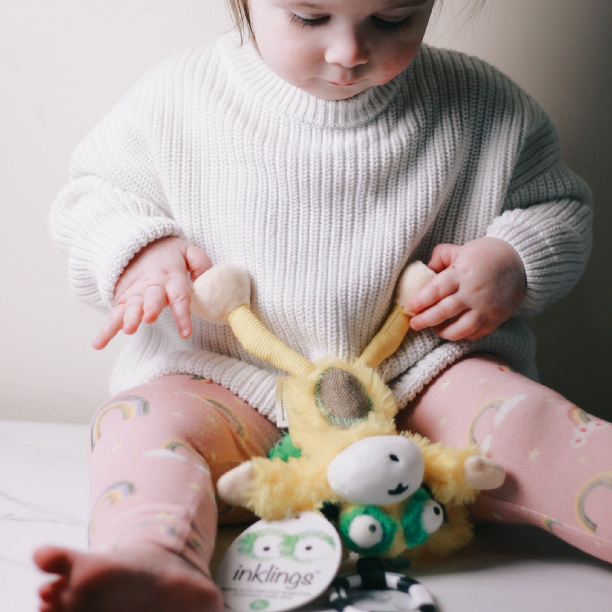 Marley the Monkey Chime & See hanging activity toy – jingle belly rattle and mirror feet stroller clip toy for babies- sweet baby girl play