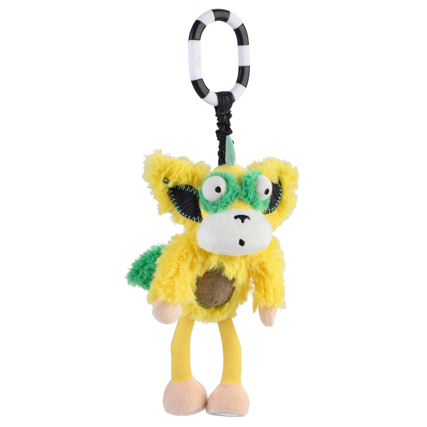 Marley the Monkey Chime & See hanging activity toy – jingle belly rattle and mirror feet stroller clip toy for babies - yellow
