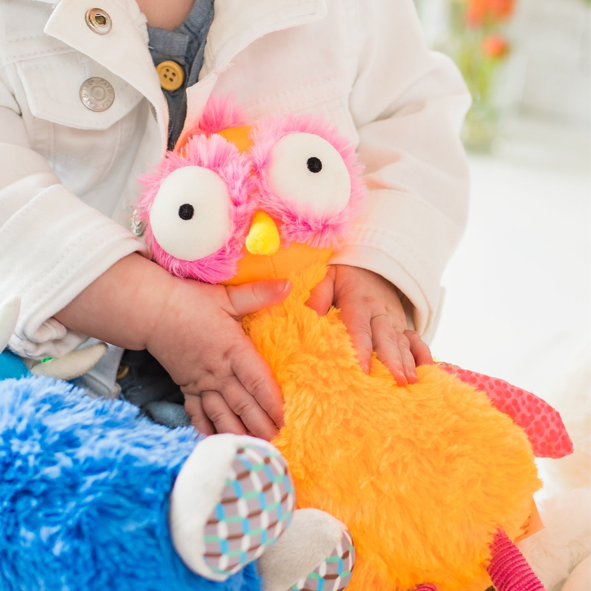 Ollie the Oddball Oddbird Inklings Baby plush stuffed toy – orange yellow pink sensory toy with belly rattle and burlap wings for babies baby hands hug