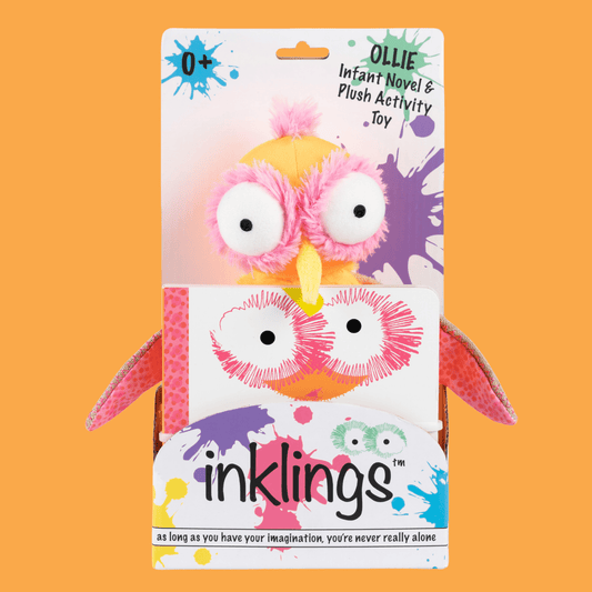 Ollie the Oddball Oddbird Inklings Baby plush stuffed toy – orange yellow pink sensory toy with belly rattle and burlap wings for babies 0- 3 years