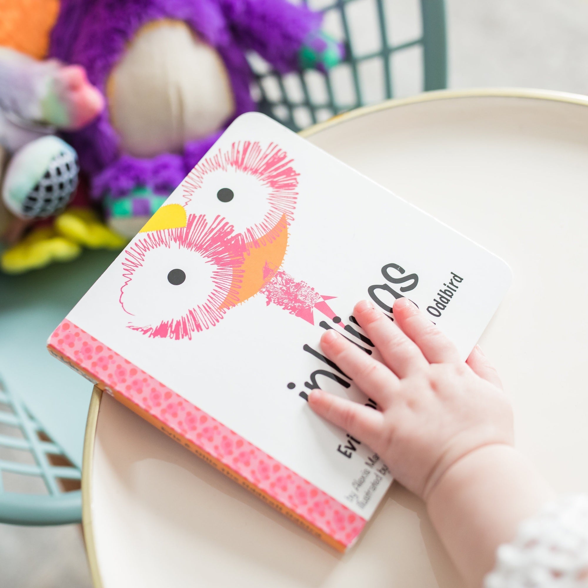 Ollie the Oddball Oddbird Inklings Baby plush stuffed toy – orange yellow pink sensory toy with belly rattle and burlap wings for babies board book